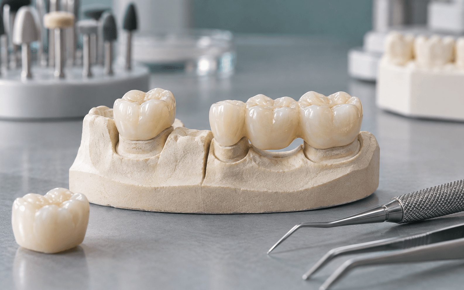 Ceramic dental crown and bridge displayed on a restorative dental model